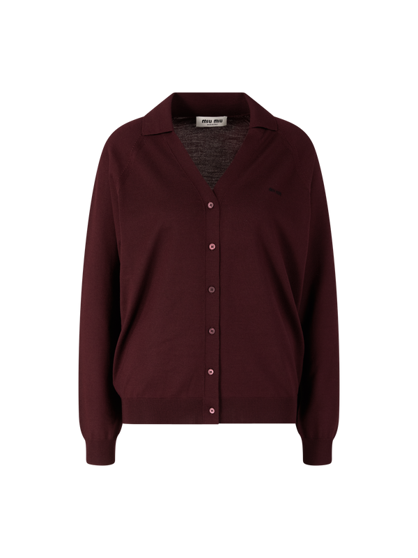 Wool cardigan with inlaid logo burgundy