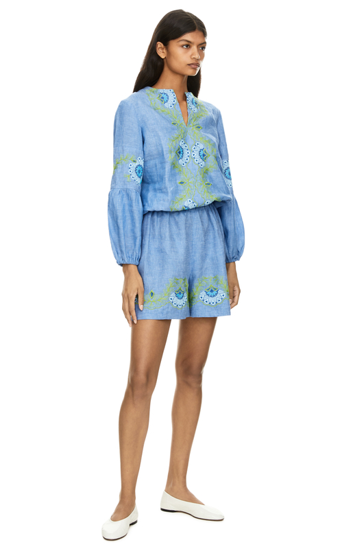 Leinenshorts 'Fava' mit Blumen-Stickerei Hellblau