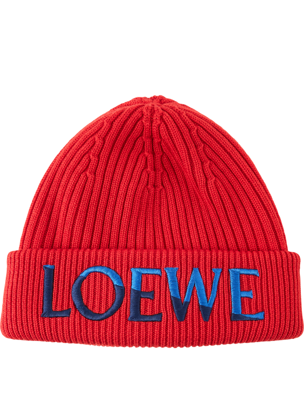 Beanie-Mütze aus Wolle mit LOEWE-Stickerei Rot/Blau