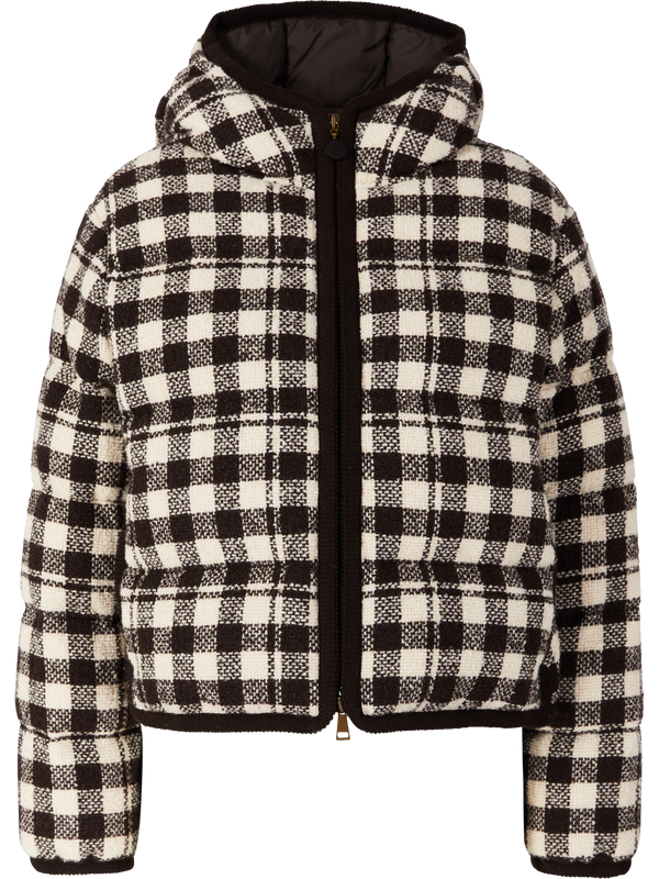 'Abstraction' checked down jacket with hood brown