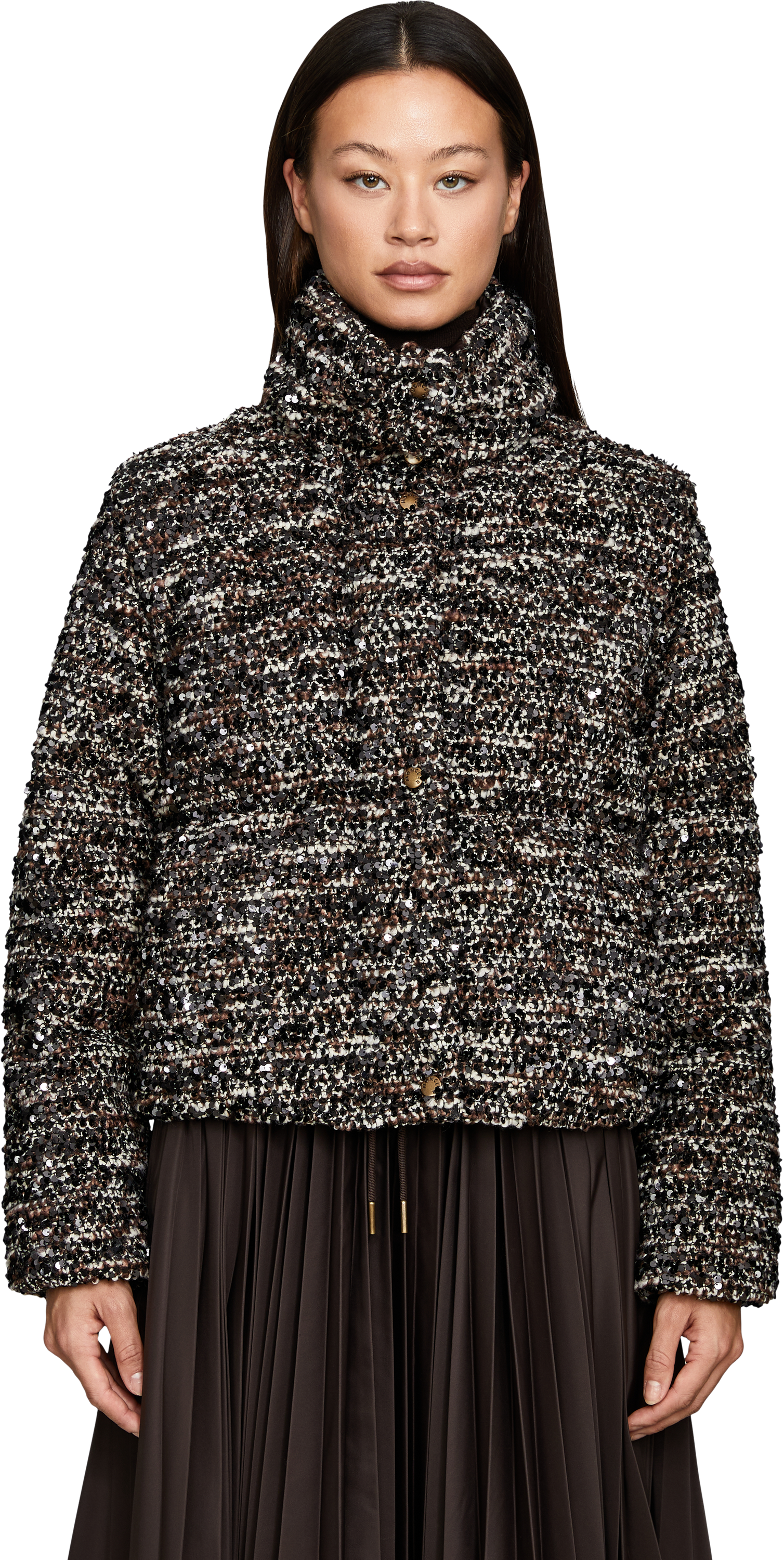 Moncler Daunenjacke 'Poetique' mit Pailletten Dunkelbraun, Frontansicht – UNGER.DE