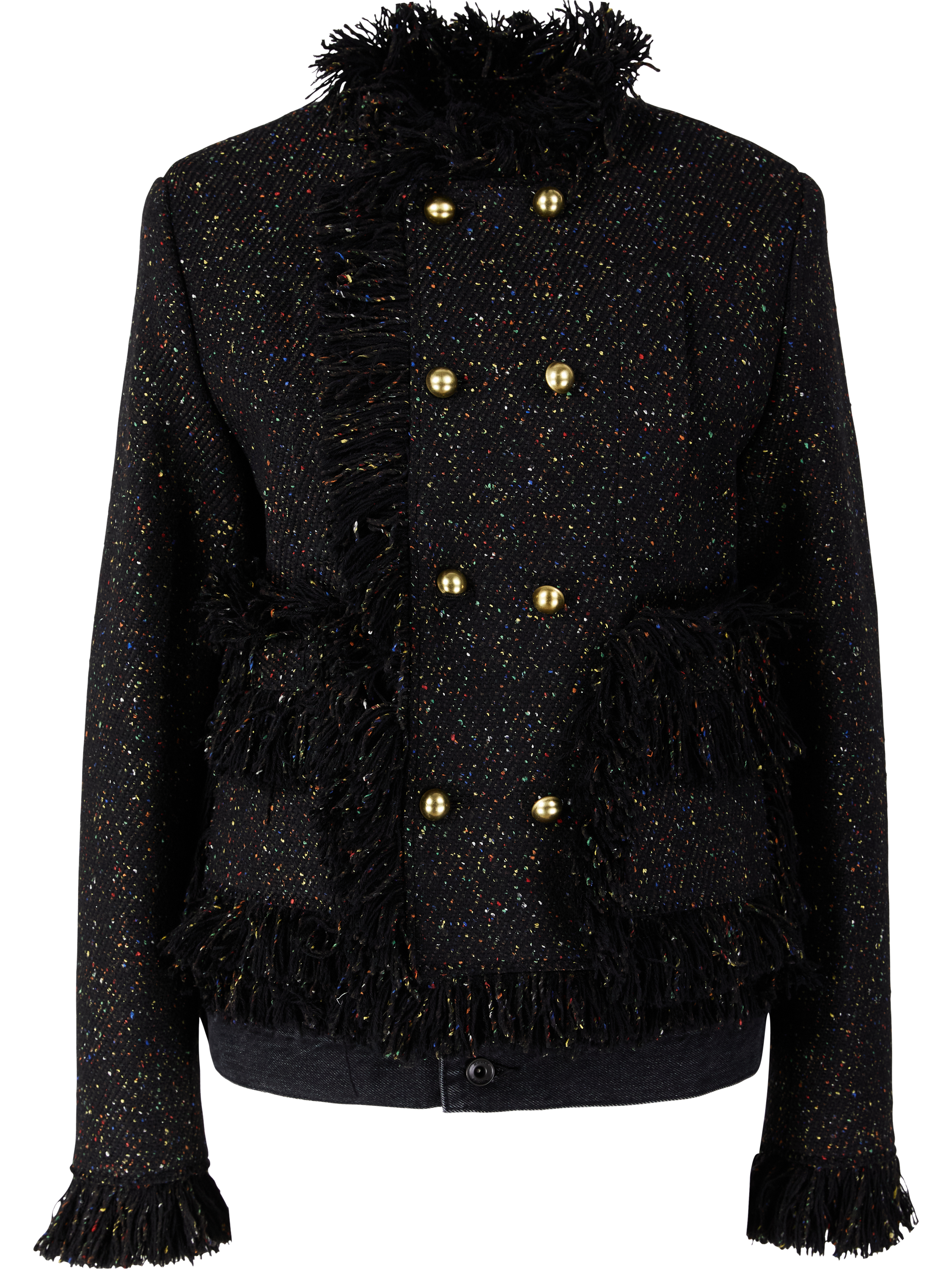 Sacai Gefranste Tweedjacke mit Denim-Details Schwarz, Produktansicht – UNGER.DE