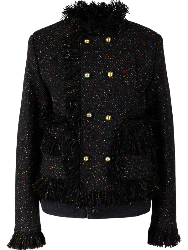 Gefranste Tweedjacke mit Denim-Details Schwarz