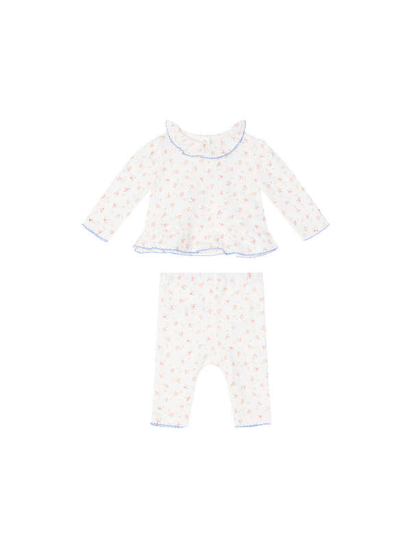 Florales Twin-Set mit Ajour-Lochmuster Cremé