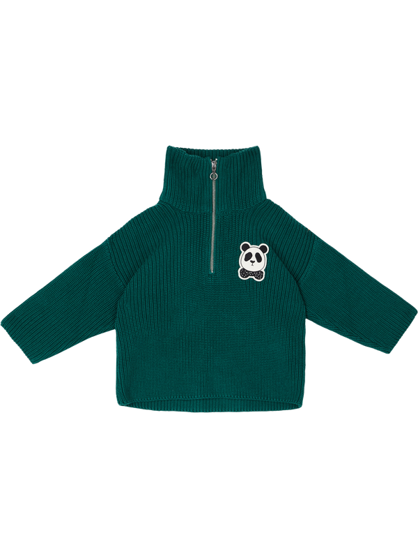 Stand-up collar jumper with panda patch green