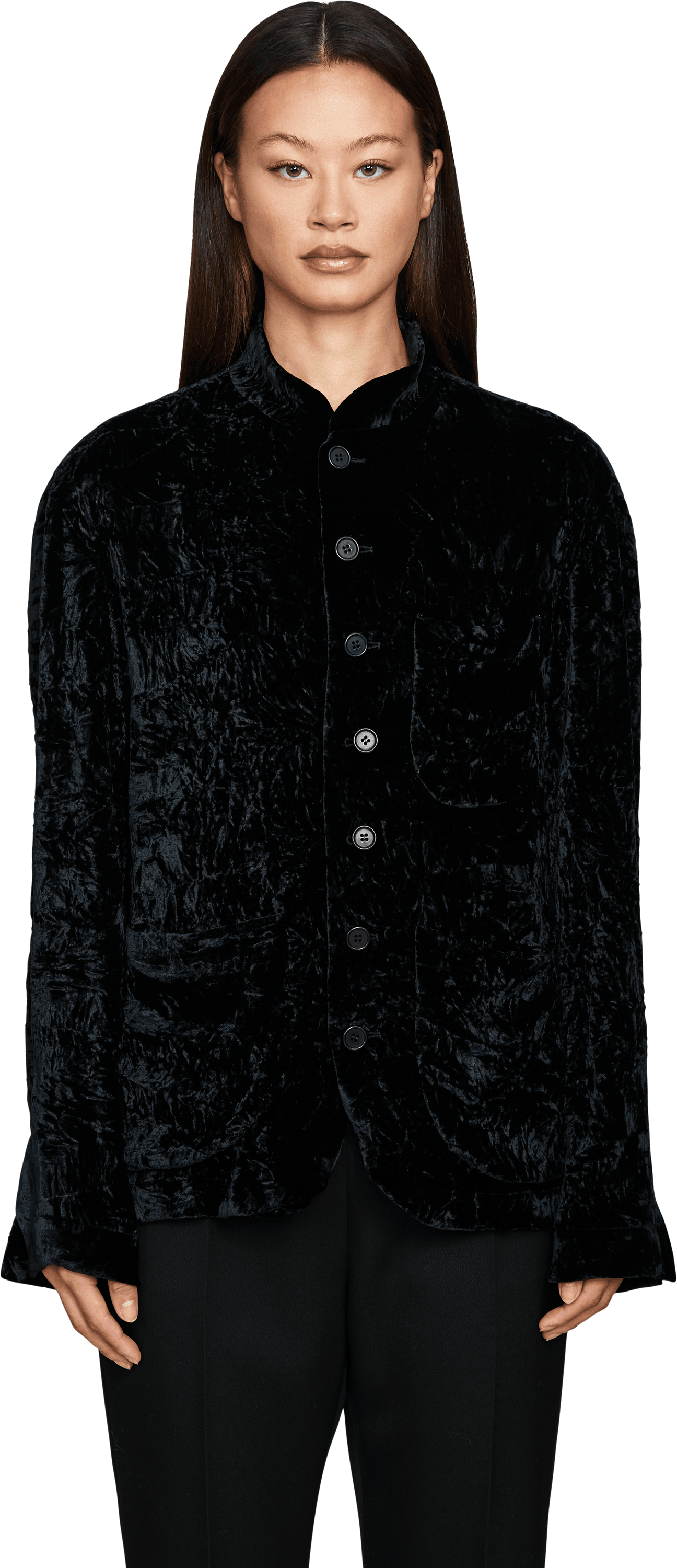 META CAMPANIA COLLECTIVE Oversized Hemdjacke 'Julian' aus zerknittertem Samt Schwarz, Frontansicht – UNGER.DE