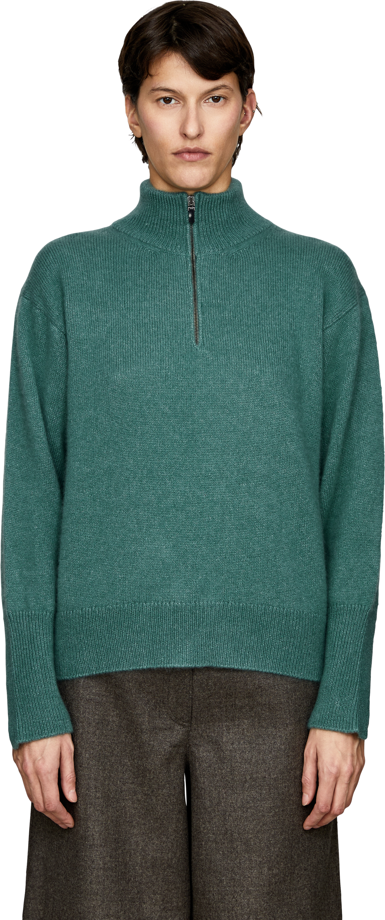 Iris von Arnim Cashmere-Seidenpullover 'Kalina' mit Troyerkragen Farn, Front view – UNGER.DE
