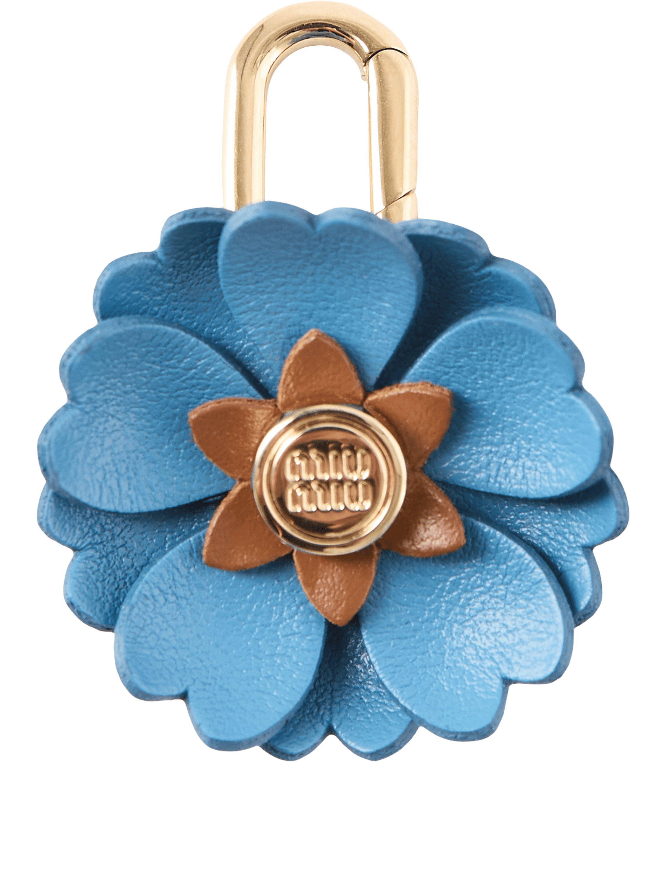 miu miu Blumen-Anhänger aus Kalbsleder mit Logo Blau/Braun, Produktansicht – UNGER.DE