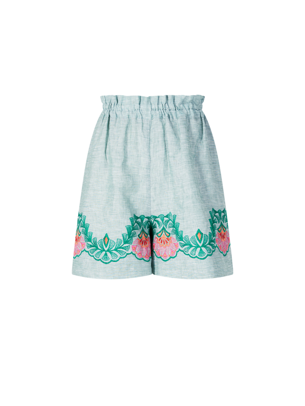 Leinenshorts 'Fava' mit Blumen Stickerei Grün