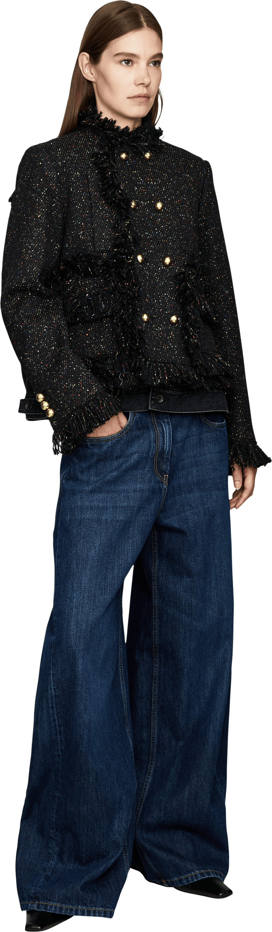 Sacai Gefranste Tweedjacke mit Denim-Details Schwarz, Modelansicht – UNGER.DE