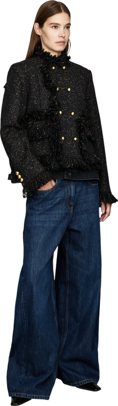 Gefranste Tweedjacke mit Denim-Details Schwarz
