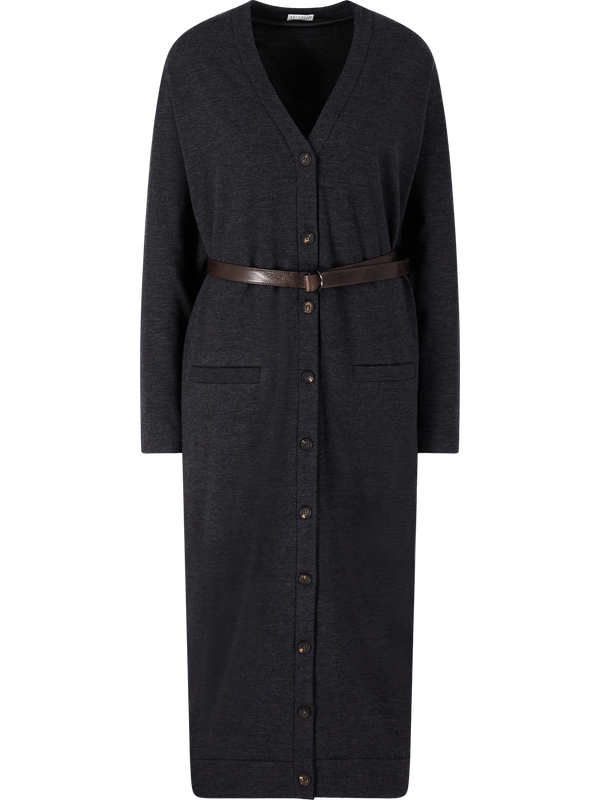 Dress made from virgin wool with a leather belt in charcoal grey