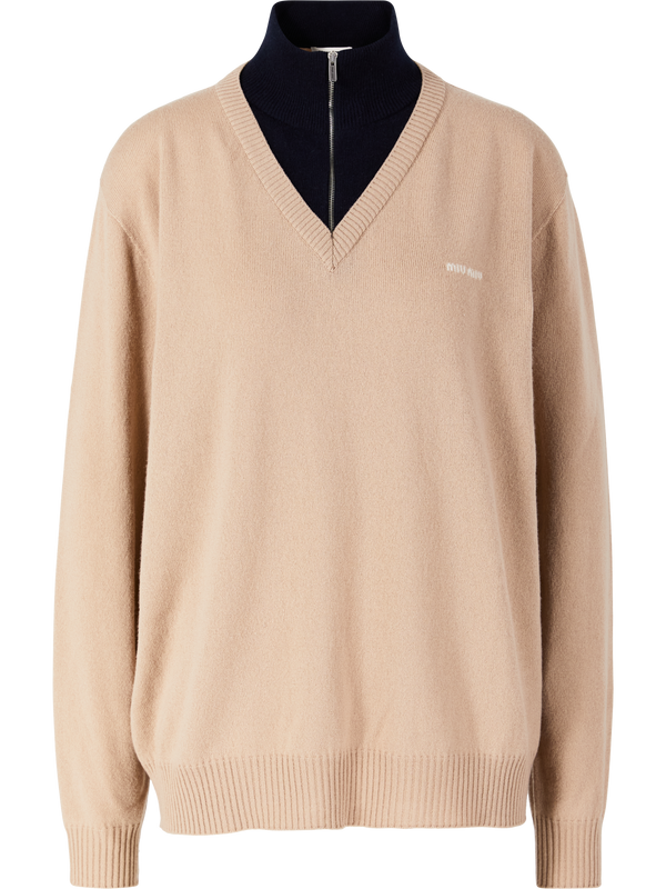 Oversized cashmere roll-neck jumper beige/blue