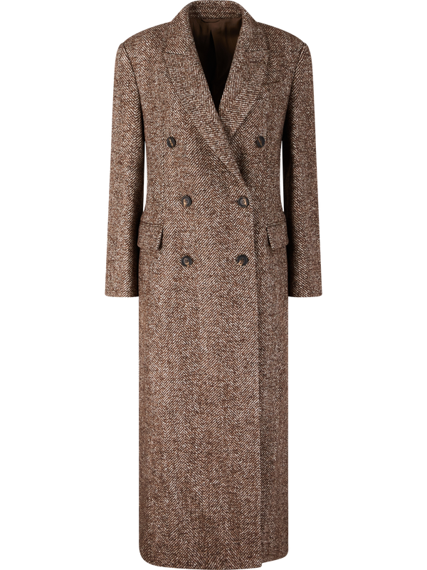 Double-breasted woollen coat with herringbone pattern brown