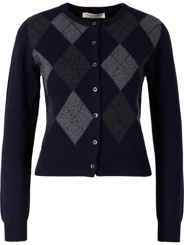 'Clan' cashmere cardigan with an argyle pattern, navy blue