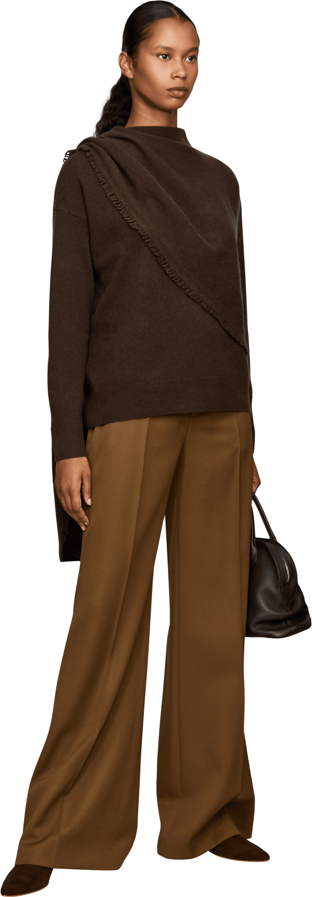 Vince Wool and cashmere jumper with fringed scarf – dark brown, Modelview – UNGER.DE