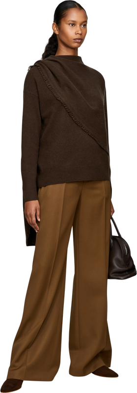Wool and cashmere jumper with fringed scarf – dark brown