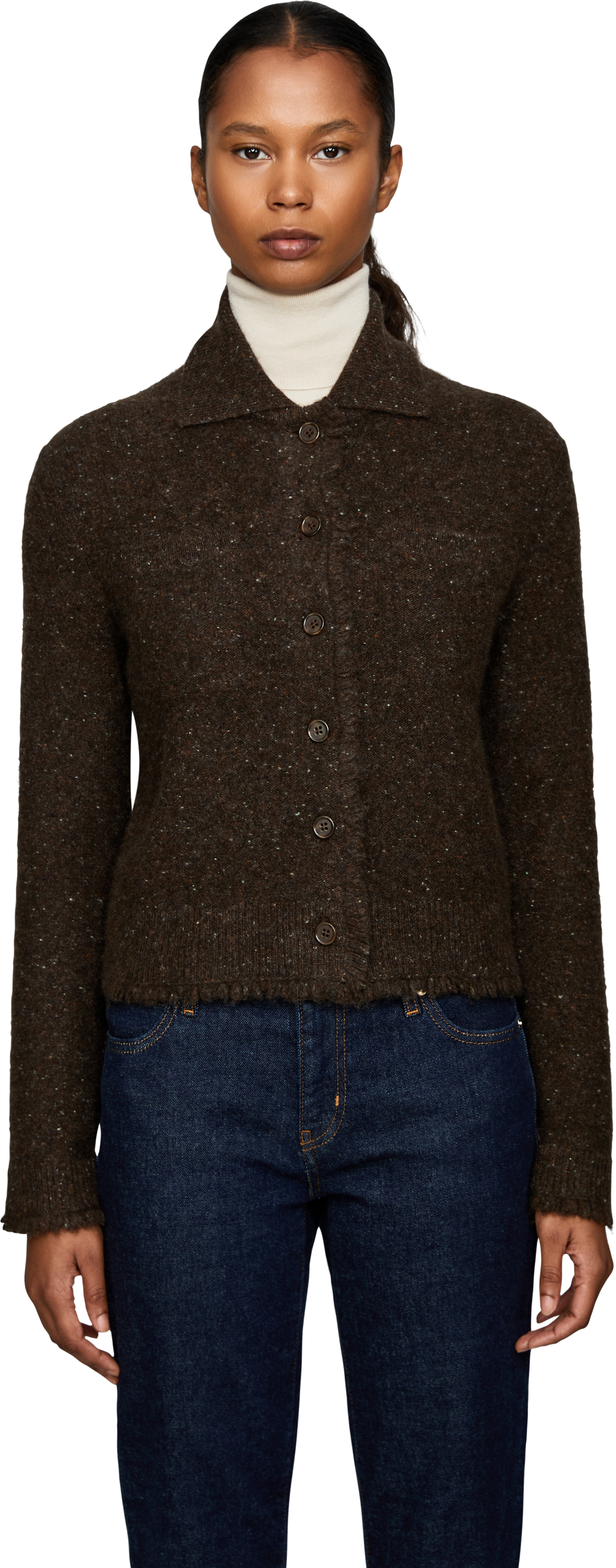 Vince Kurze Cashmere-Strickjacke 'Shrunken Donegal' Dunkelbraun, Frontansicht – UNGER.DE