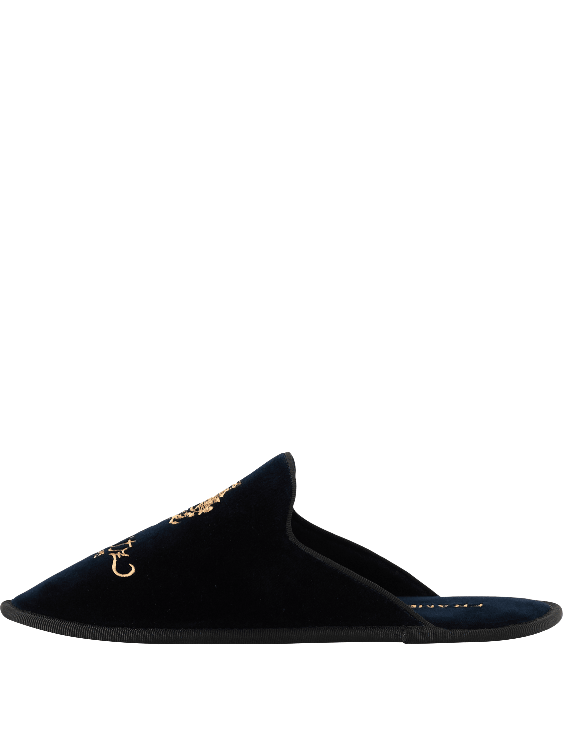 Frame Slipper 'Frame x Ritz Paris' aus Samt Marineblau, Frontansicht – UNGER.DE