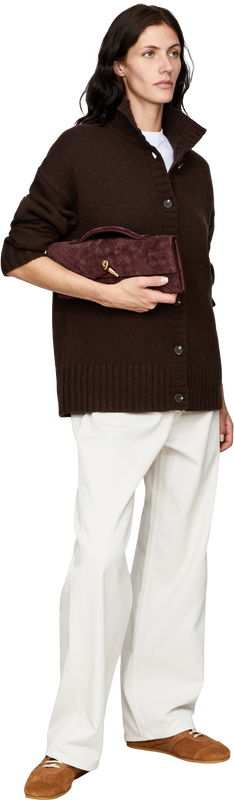 Lange Cashmere-Strickjacke mit Stehkragen Espresso