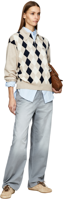 Oversized Cashmere-Polopullover mit Argyle-Muster Beige