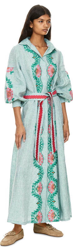 Maxikleid 'Anice' aus Leinen mit Blumen Stickerei Grün