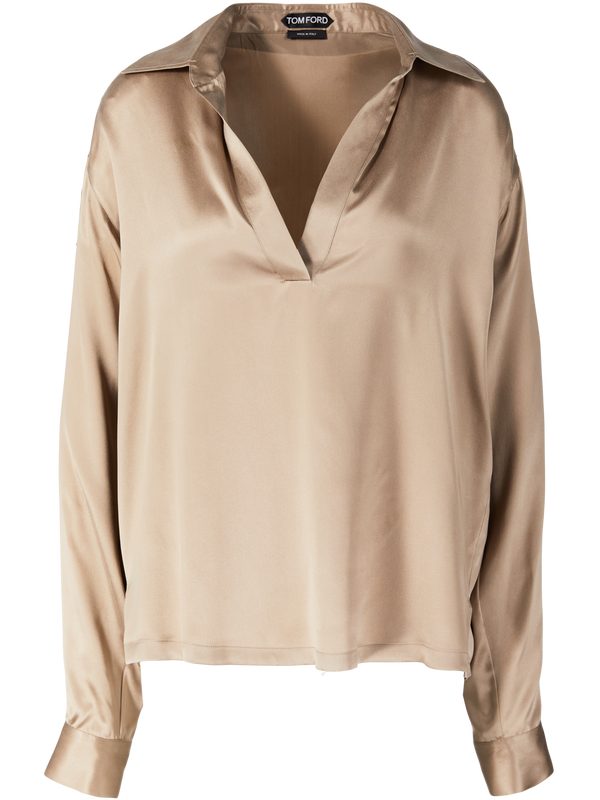 Seidenbluse mit Stehkragen Beige