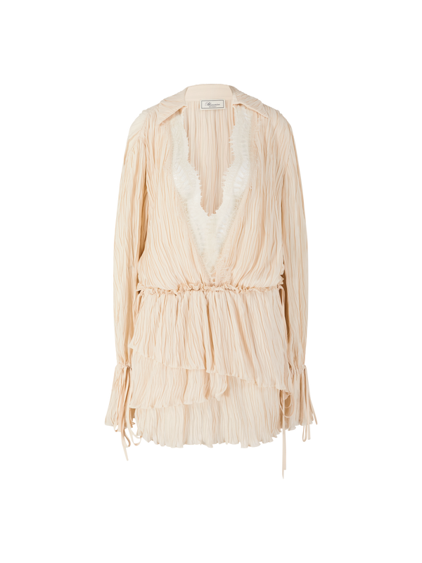 Rüschenkleid aus plissiertem Georgette Beige