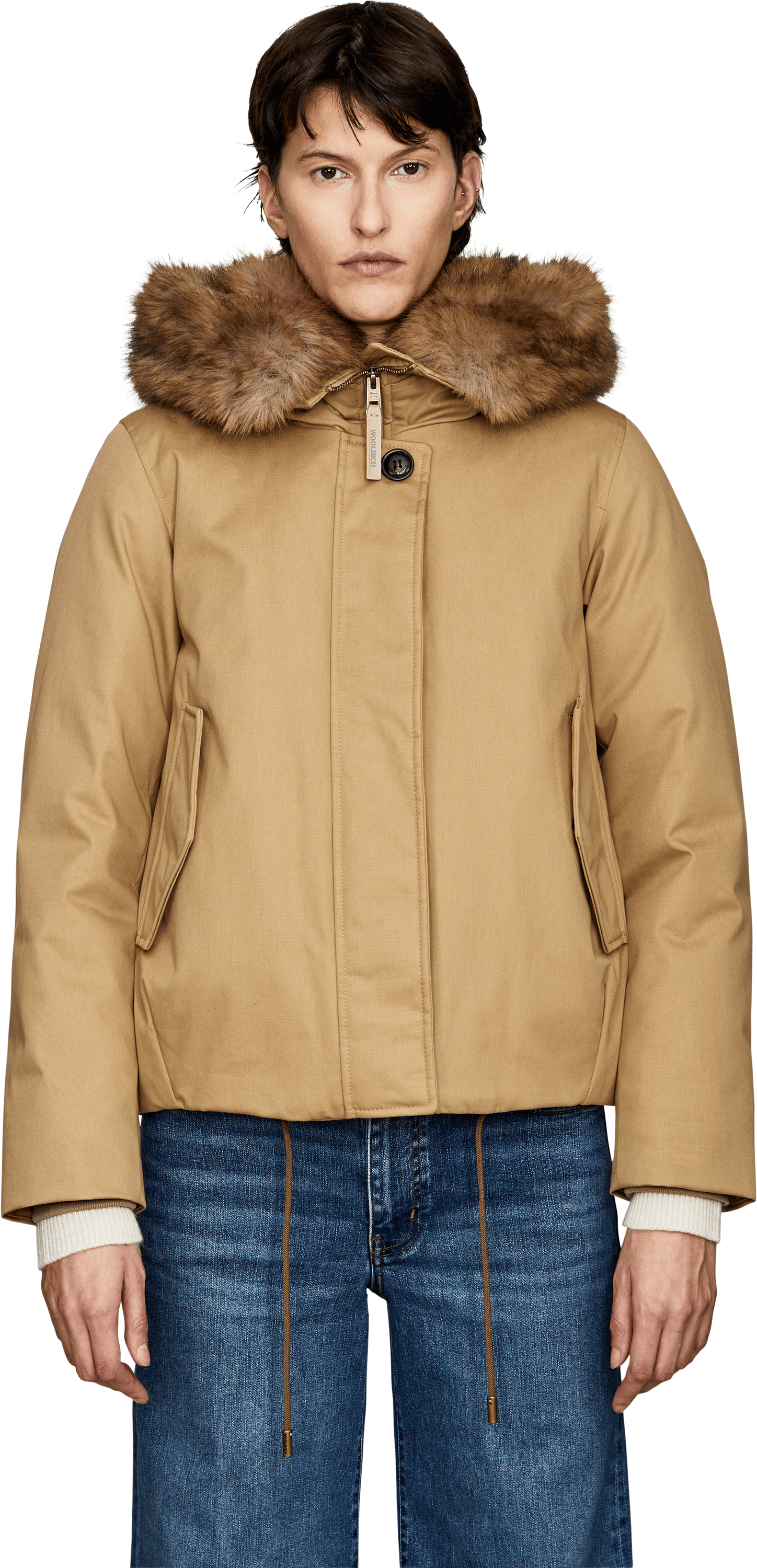 Woolrich Kurze Daunenjacke mit Kapuze Beige, Frontansicht – UNGER.DE