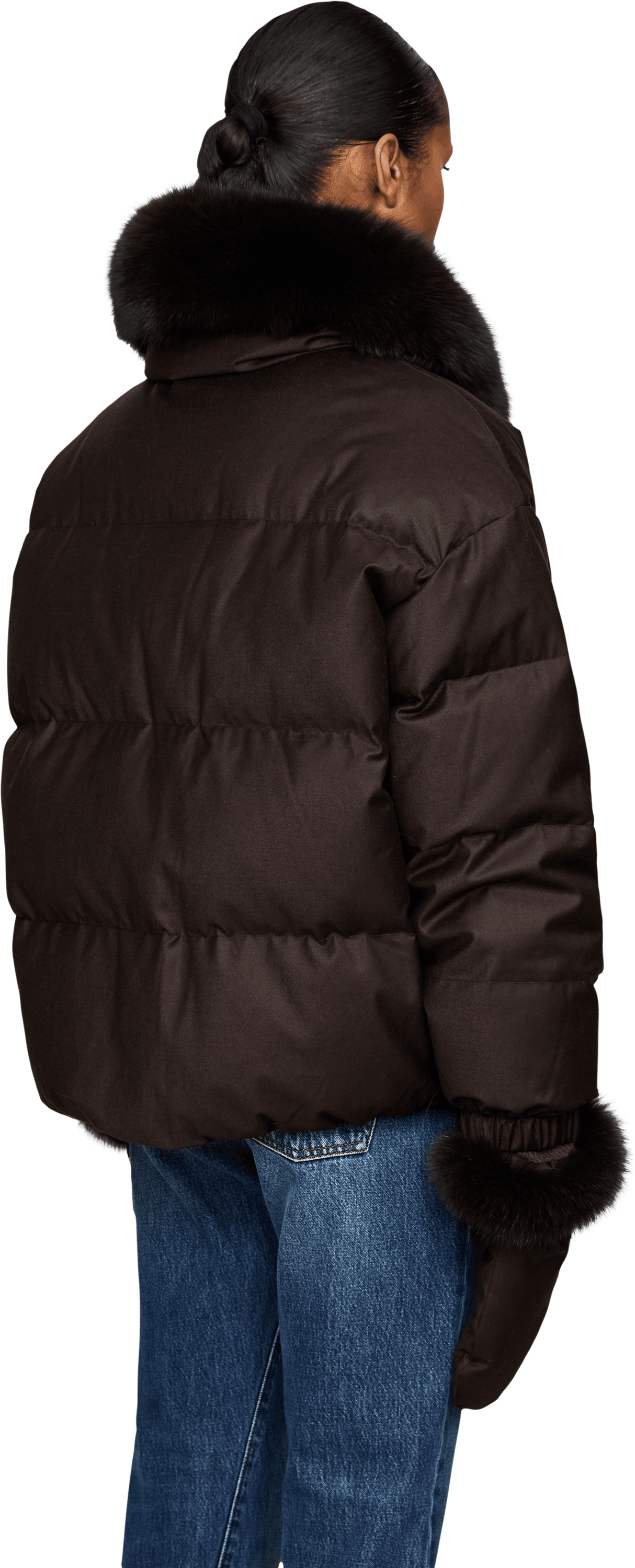 Yves Salomon Flanell-Daunenjacke mit Pelzbesatz Dunkelbraun, Rückansicht – UNGER.DE