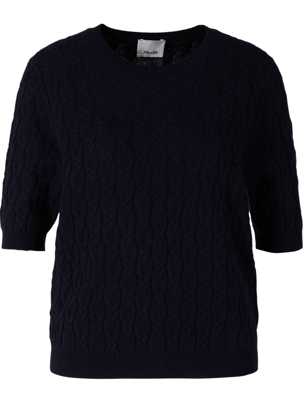 Short-sleeved cashmere jumper a cable knit pattern navy blue