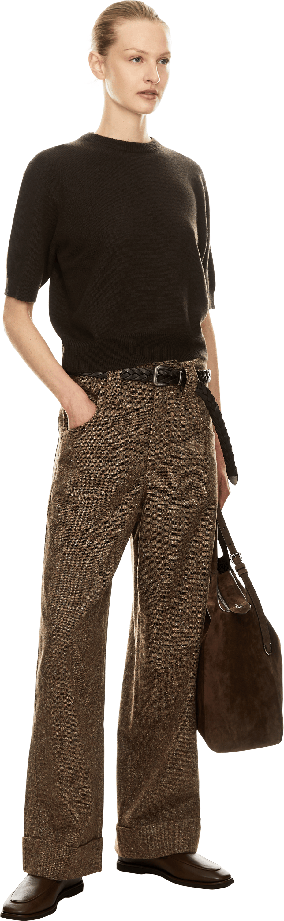 Brunello Cucinelli Cashmere-Kurzarmpullover mit Monili-Perlen Dunkelbraun, Modelansicht – UNGER.DE