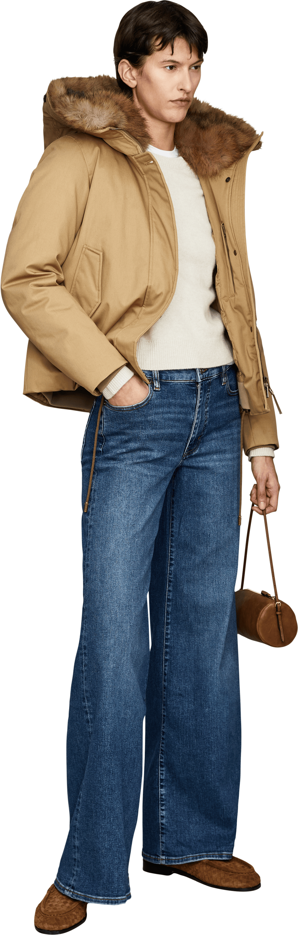 Woolrich Kurze Daunenjacke mit Kapuze Beige, Modelansicht – UNGER.DE