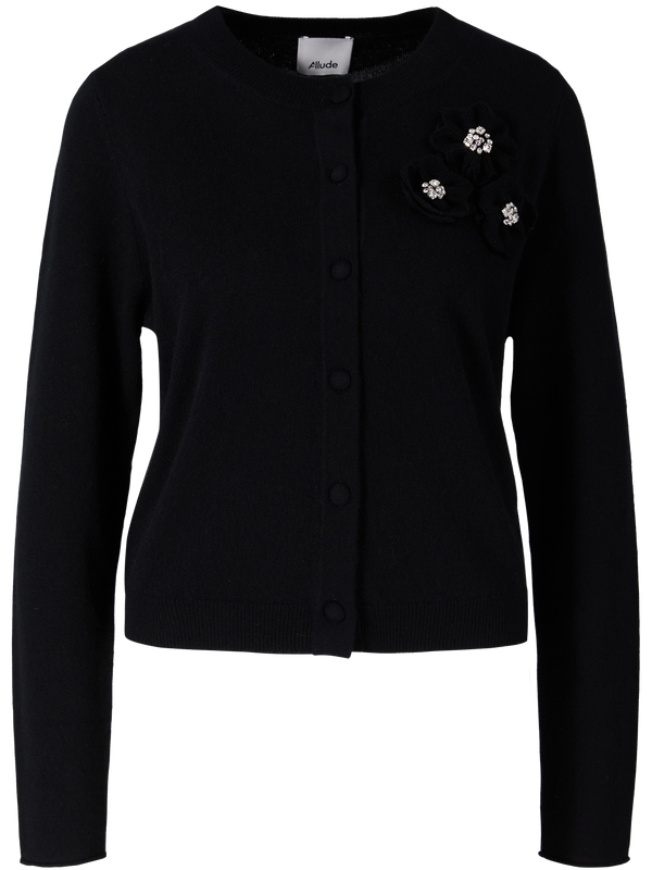 Wool-cashmere cardigan with knitted flowers black