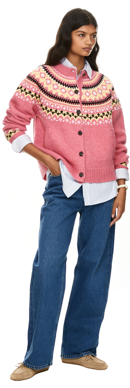 Wollstrickjacke mit Jacquard Muster Pink