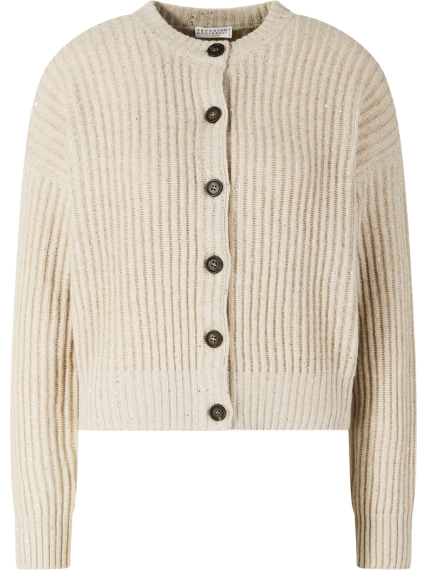 Cashmere-Wollstrickjacke mit Pailletten Beige