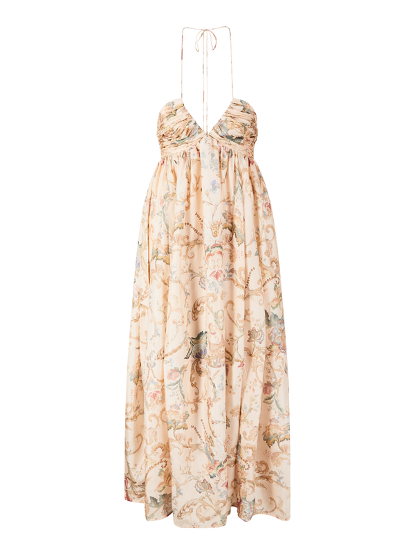 'Roselight' floral halterneck maxi dress in multicoloured silk
