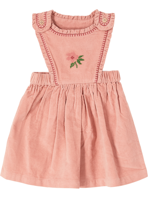 Velvety pinafore dress with floral embroidery rosé