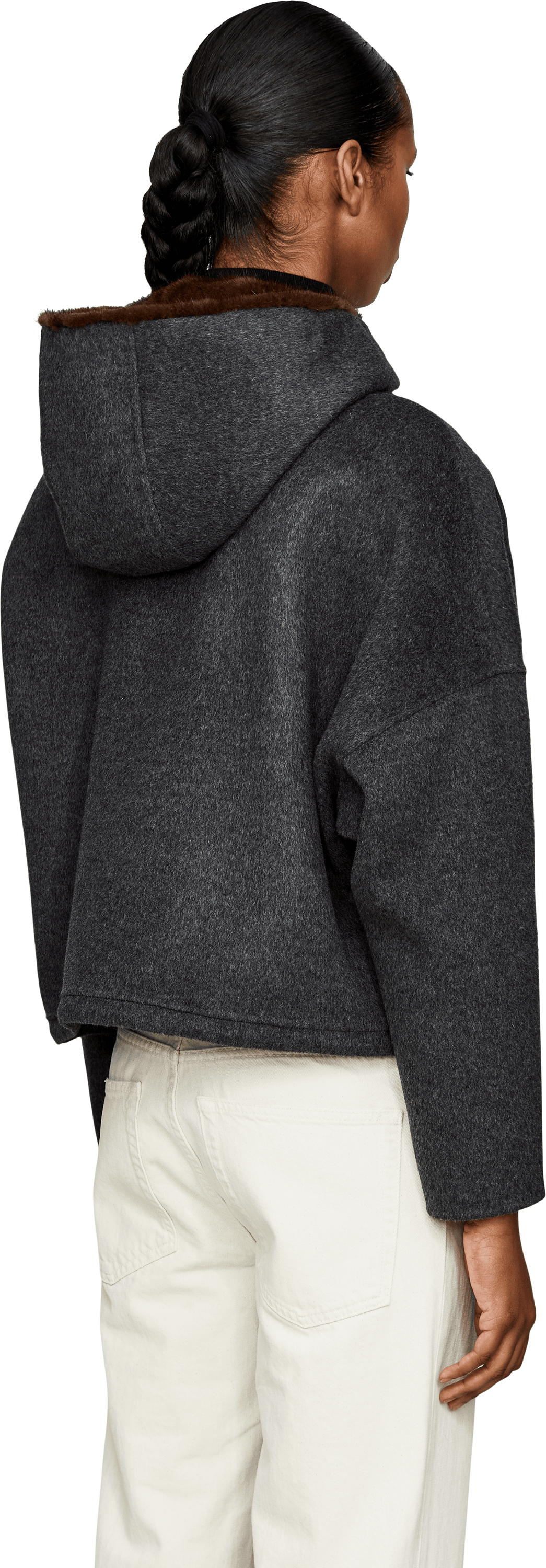 Yves Salomon Wool-cashmere jacket with fur hood dark grey , Back view – UNGER.DE
