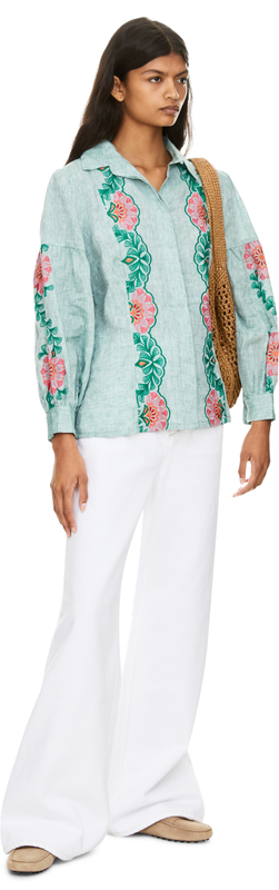 Florale Bluse 'Salvia' mit Stickerei aus Leinen Grün