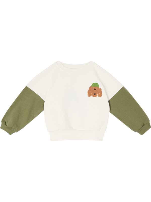 Zweifarbiges Sweatshirt mit Hunde-Motiv Crème