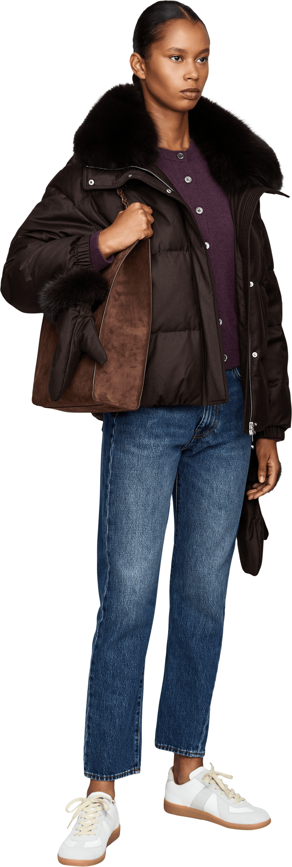 Yves Salomon Flanell-Daunenjacke mit Pelzbesatz Dunkelbraun, Modelansicht – UNGER.DE