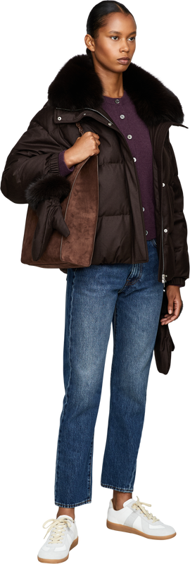 Flanell-Daunenjacke mit Pelzbesatz Dunkelbraun