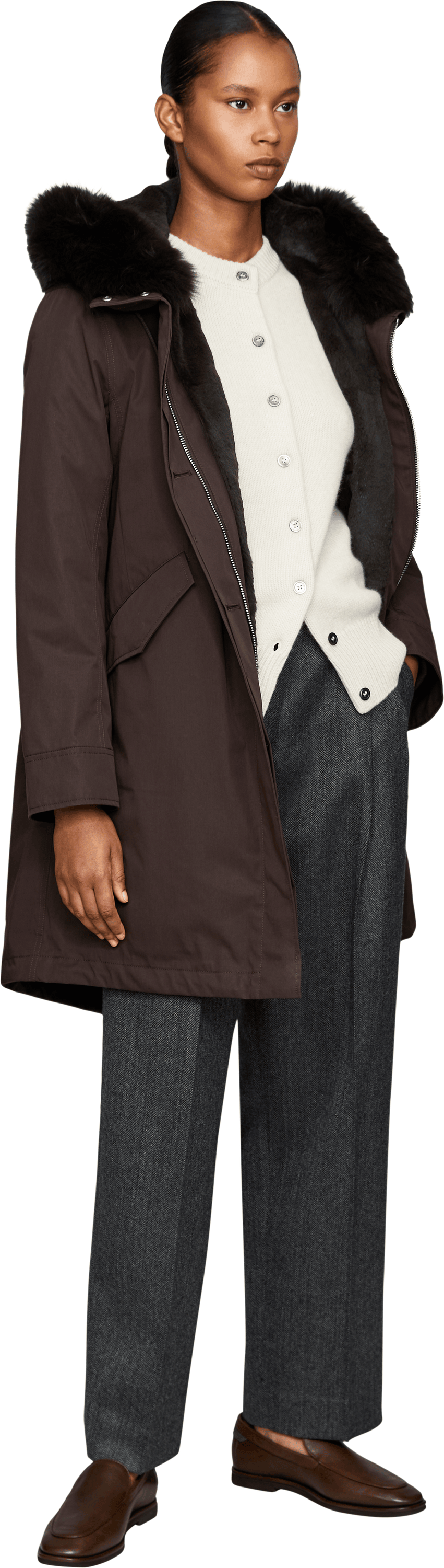 Yves Salomon Down coat with fur-trimmed hood – dark brown, Modelview – UNGER.DE