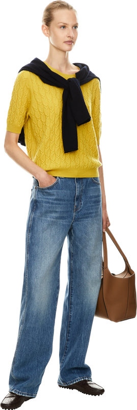 Short-sleeved cashmere jumper with cable knit pattern yellow