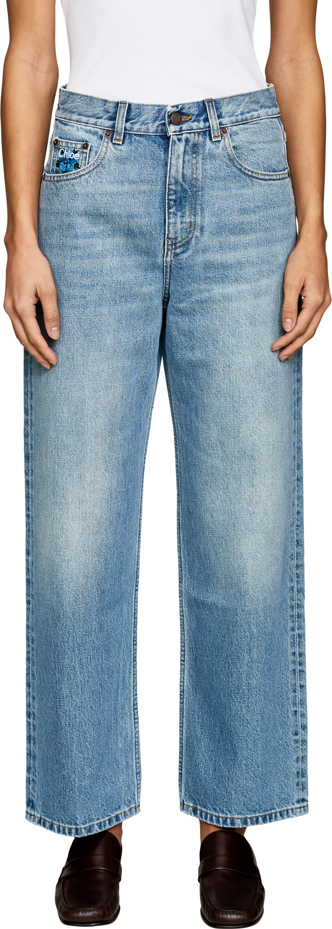 Chloé Straight-Leg Jeans mit Chloé Logostickerei Hellblau, Frontansicht – UNGER.DE