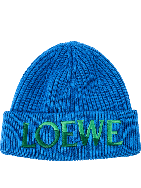 Beanie-Mütze aus Wolle mit LOEWE-Stickerei Blau/Grün
