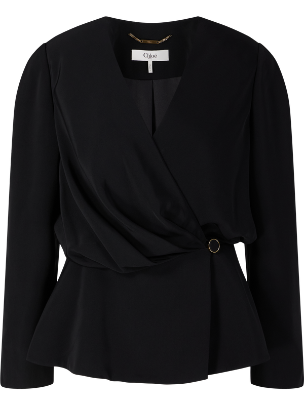 Wrap-around silk blouse with button fastening, black