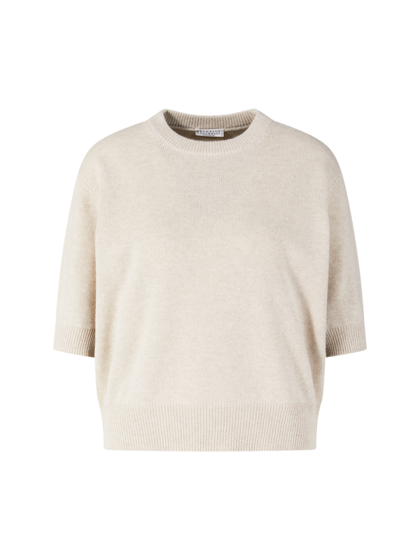 Cashmere-Kurzarmpullover mit Monili-Perlen Beige