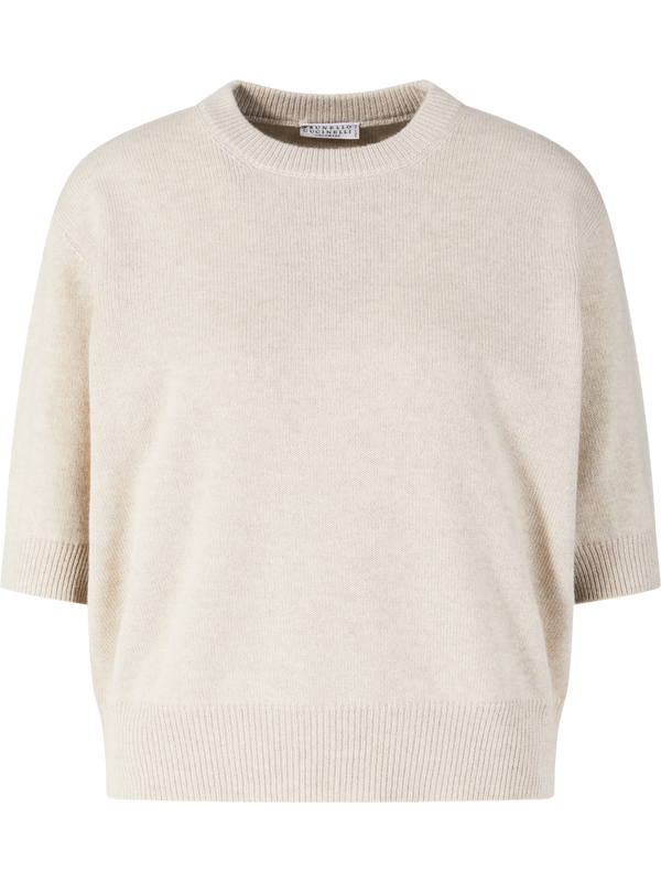 Cashmere-Kurzarmpullover mit Monili-Perlen Beige